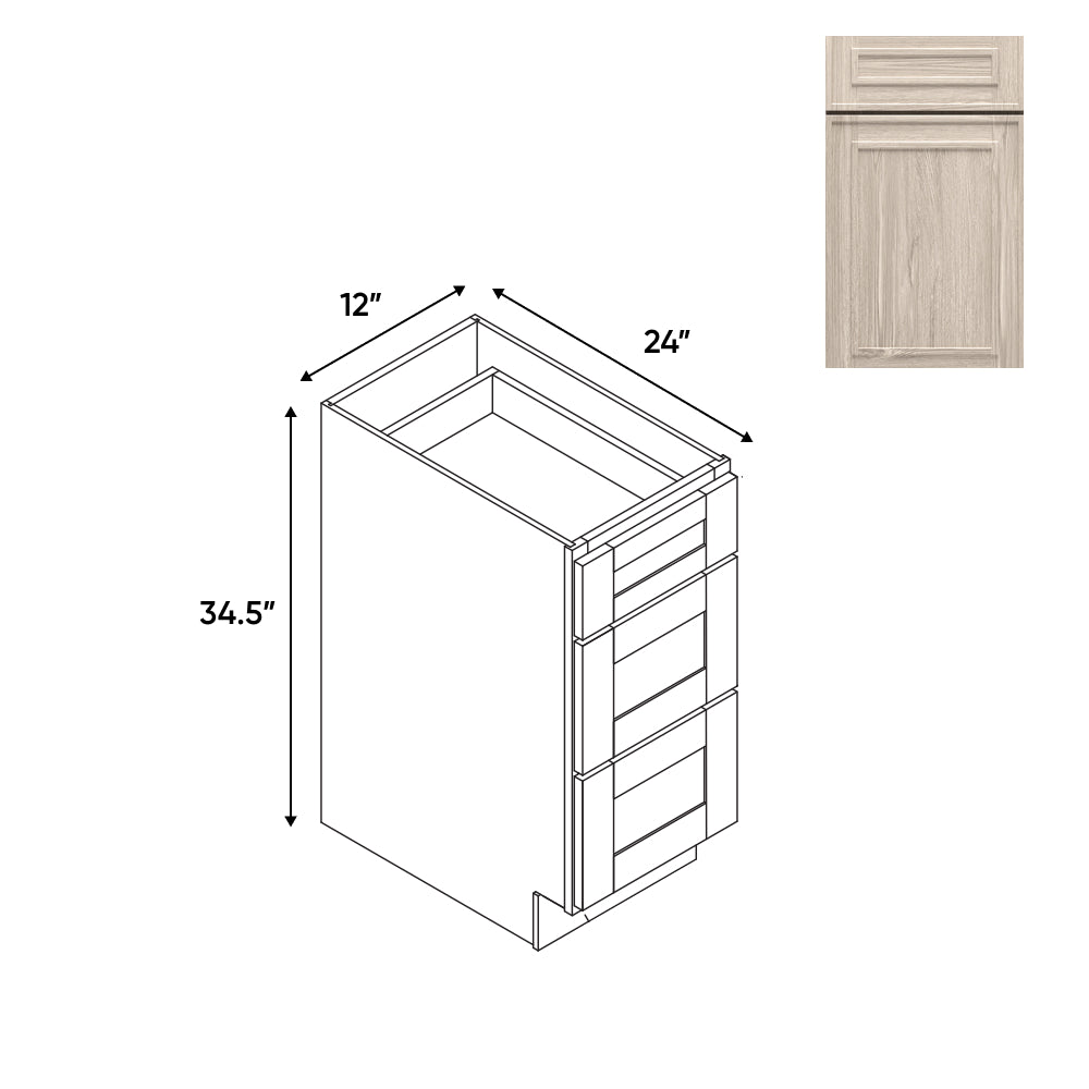 RTA - Elegant Shaker Ivory - 12"W - Drawer Pack Base Cabinets with 3 Drawer - 12"W x 34.5"H x 24"D