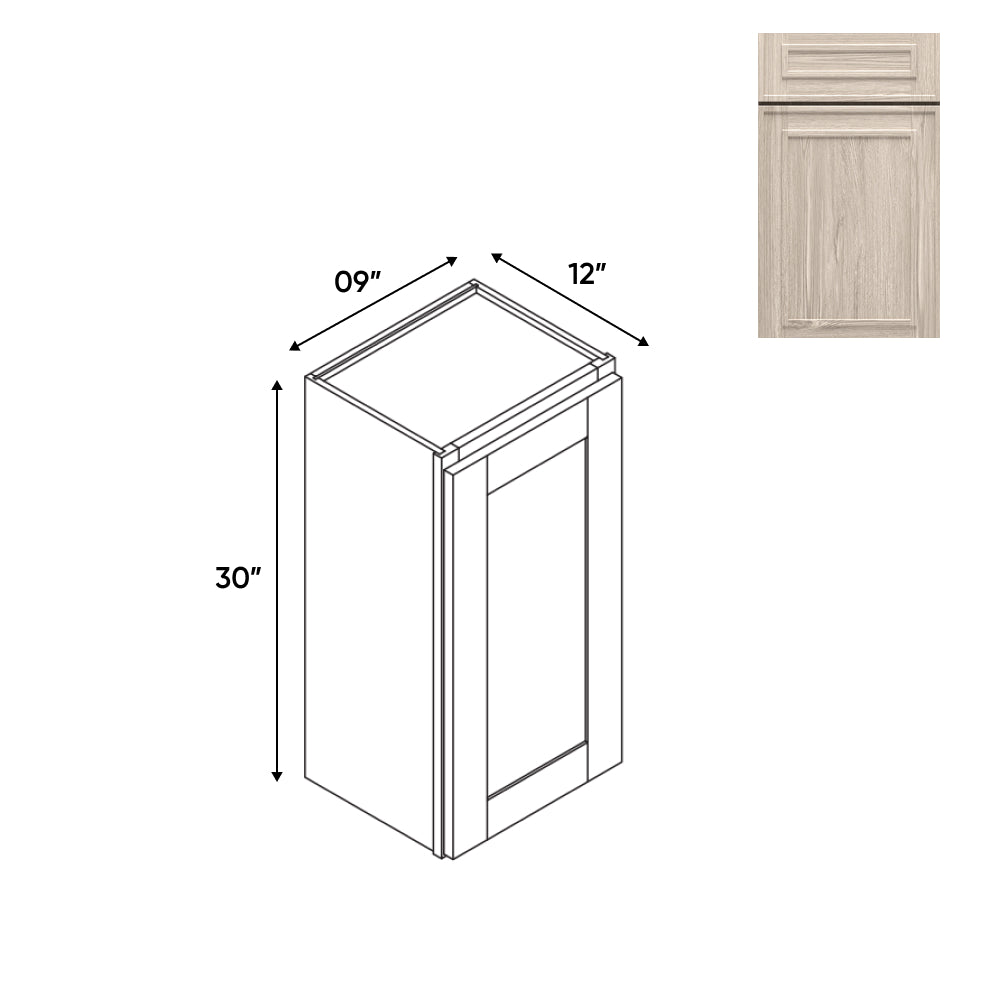 RTA - Elegant Shaker Ivory - Wall High Cabinets with 1 Door 2 Shelf - 09"W x 30"H x 12"D