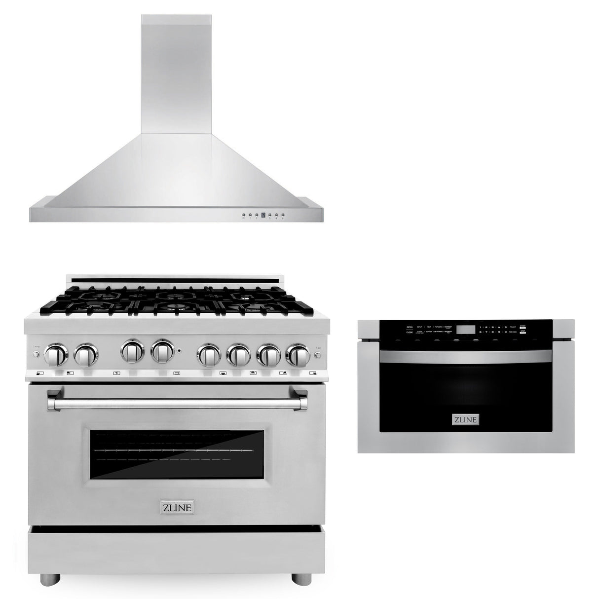 ZLINE 36 in. Kitchen Package with Stainless Steel Gas Range, Convertible Vent Range Hood and Microwave Drawer (3KP-RGRH36-MW)