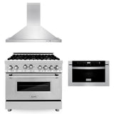 ZLINE 36 in. Kitchen Package with Stainless Steel Gas Range, Convertible Vent Range Hood and Microwave Drawer (3KP-RGRH36-MW)