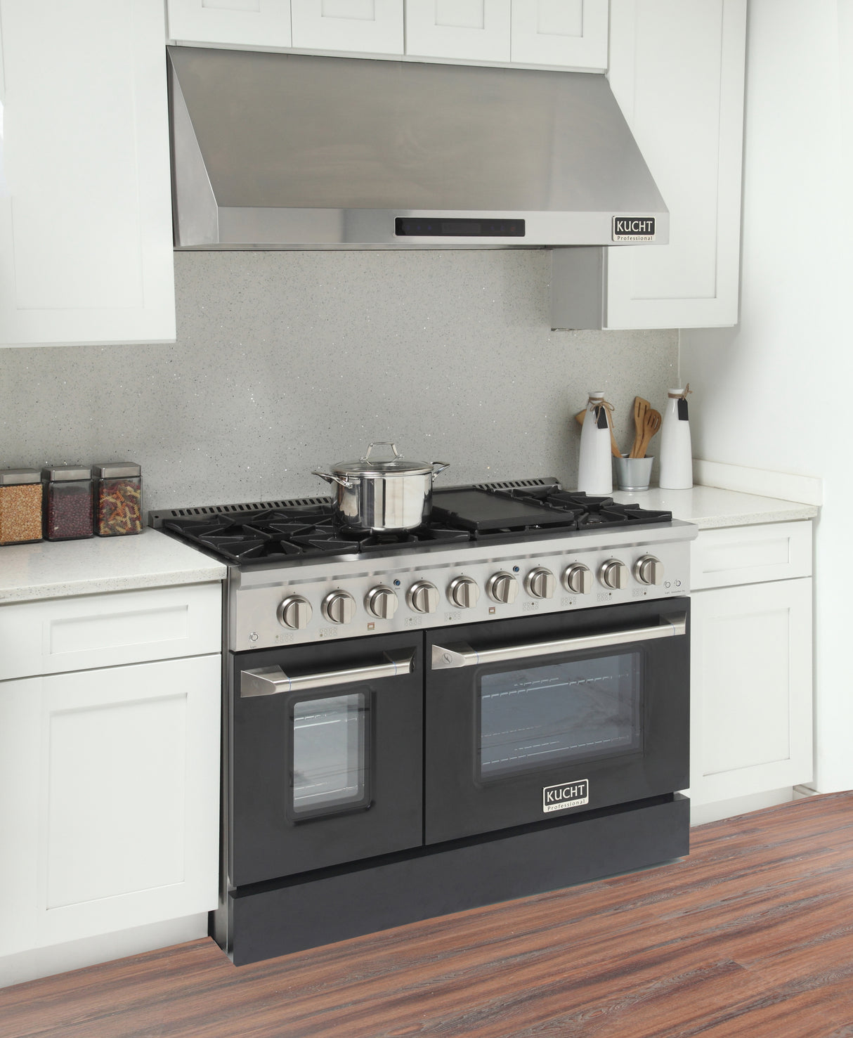 KUCHT Professional 48 in. 6.7 cu. ft. Dual Fuel Range for Propane Gas with Sealed Burners Griddle Grill and Two Ovens One Convection in Stainless Steel