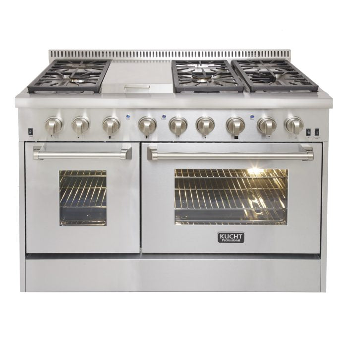 KUCHT Professional 48 in. 6.7 cu. ft. Dual Fuel Range for Natural Gas with Sealed Burners, Griddle and Convection Oven in Stainless Steel with Classic Silver Knobs