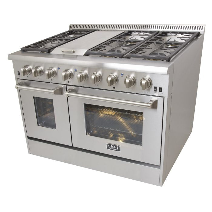 KUCHT Professional 48 in. 6.7 cu. ft. Dual Fuel Range for Natural Gas with Sealed Burners, Griddle and Convection Oven in Stainless Steel with Classic Silver Knobs