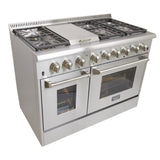 KUCHT Professional 48 in. 6.7 cu. ft. Dual Fuel Range for Natural Gas with Sealed Burners, Griddle and Convection Oven in Stainless Steel with Classic Silver Knobs