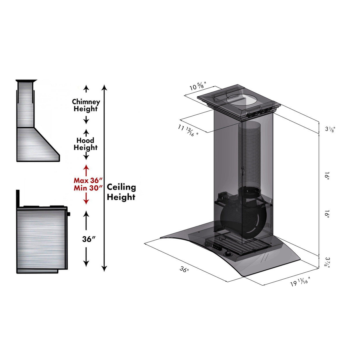 ZLINE 36" Convertible Vent Wall Mount Range Hood in Stainless Steel & Glass with Crown Molding (KZCRN-36)
