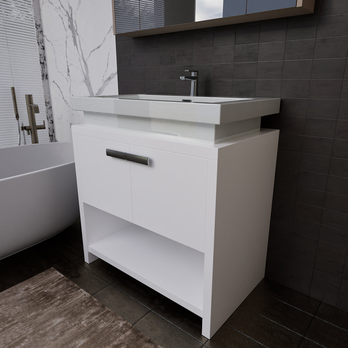 Liyan Freestanding Bathroom Vanity Unit With Acrylic Sink Top, Open Shelf Storage