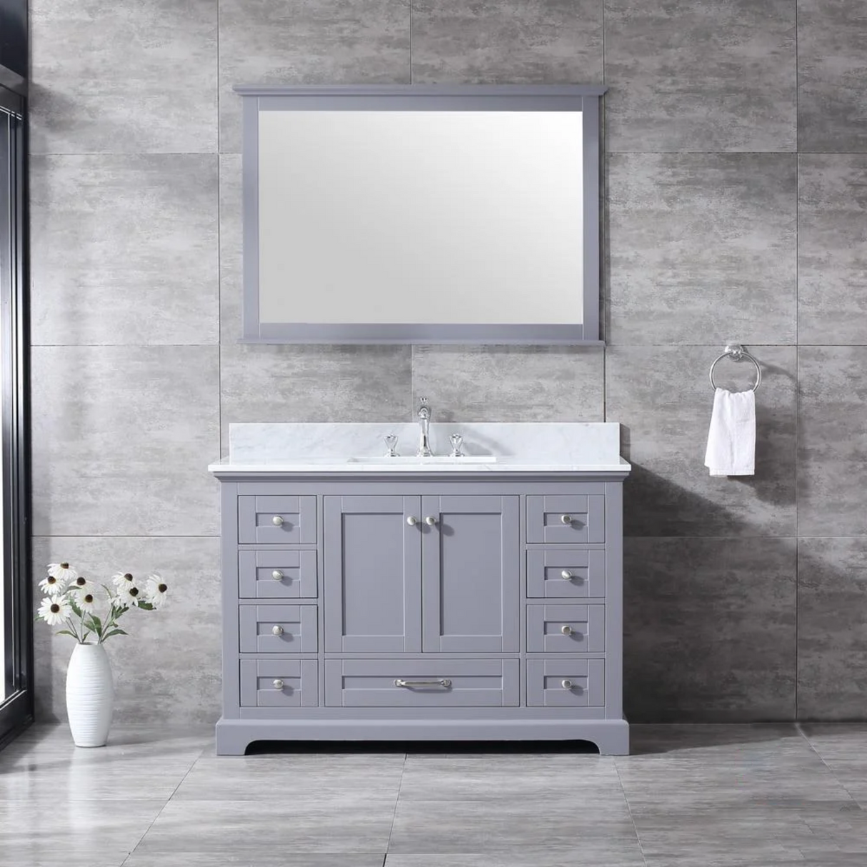 Dukes 48" Dark Grey Single Vanity, White Carrara Marble Top, White Square Sink and no Mirror