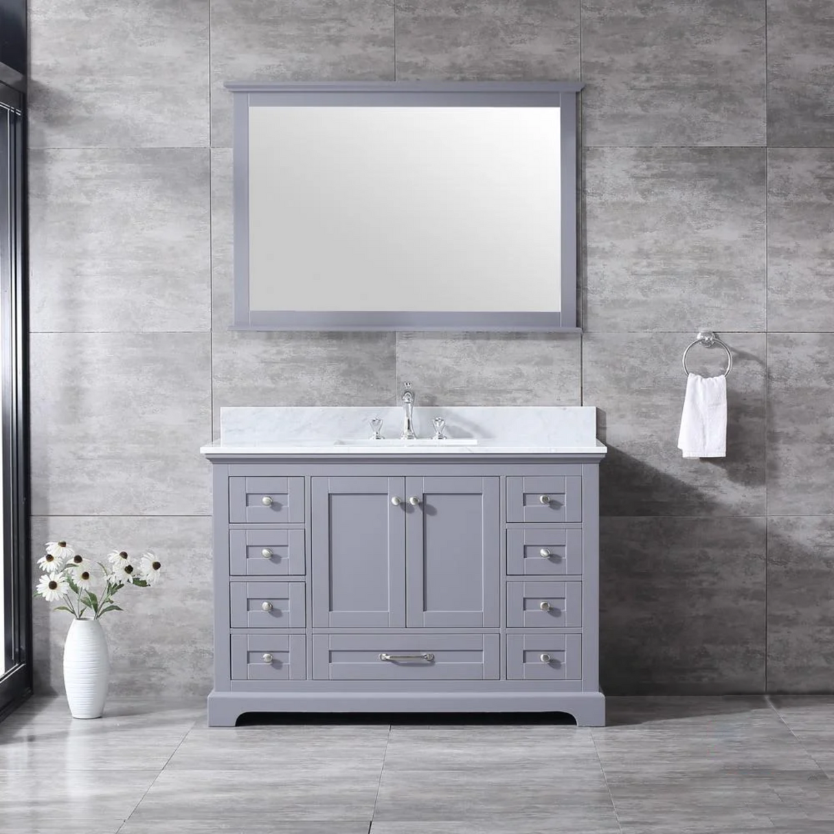 Dukes Dark Grey Freestanding Bathroom Vanity with White Carrara Marble Top, White Square Sink