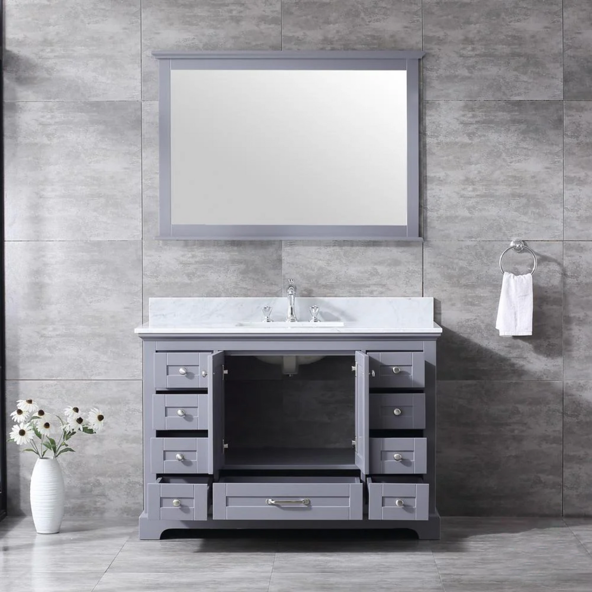 Dukes 48" Dark Grey Single Vanity, White Carrara Marble Top, White Square Sink and no Mirror