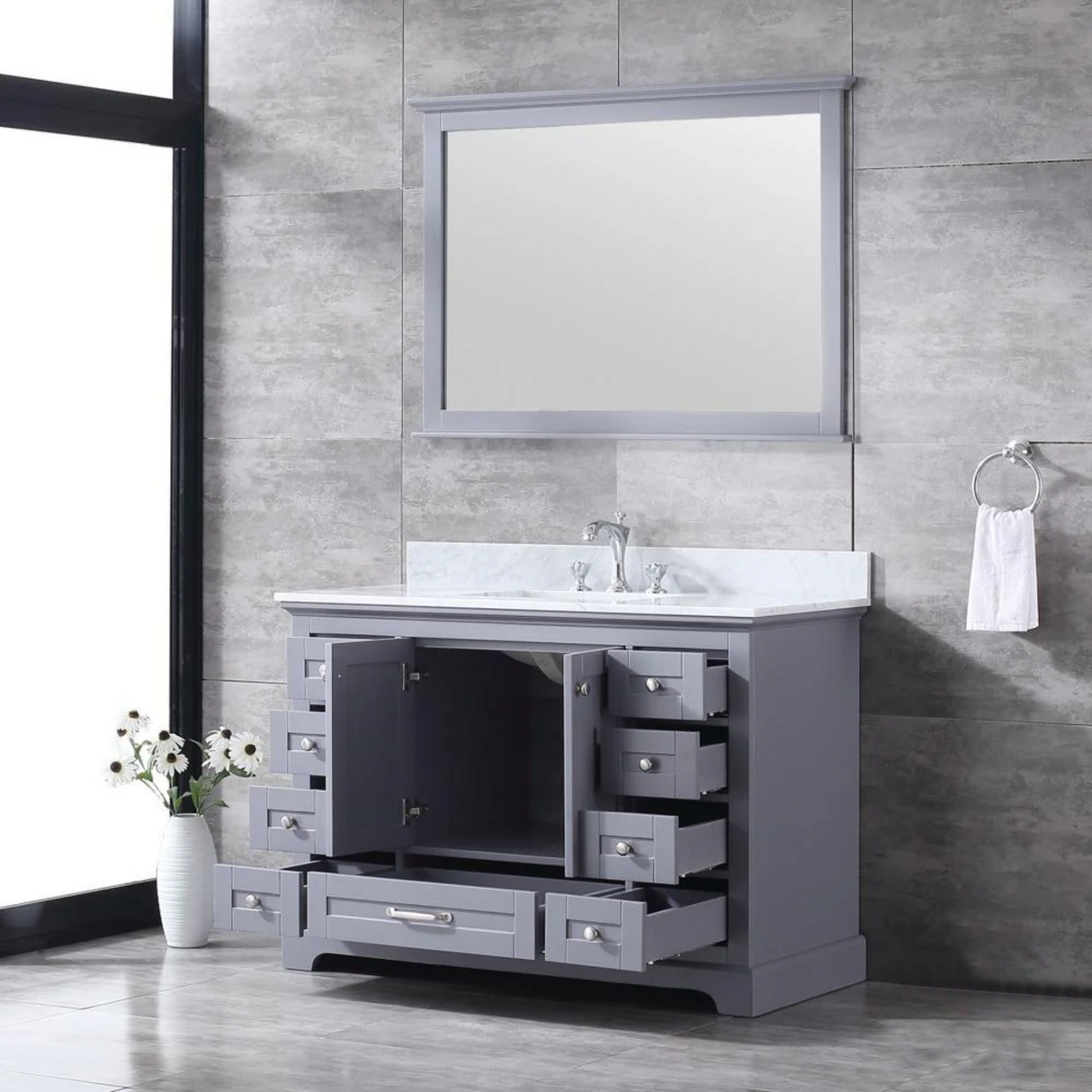 Dukes 48" Dark Grey Single Vanity, White Carrara Marble Top, White Square Sink and no Mirror