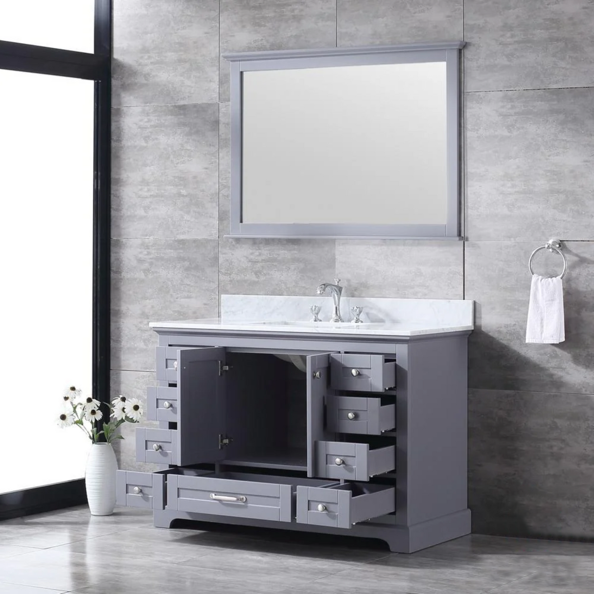Dukes Dark Grey Freestanding Bathroom Vanity with White Carrara Marble Top, White Square Sink