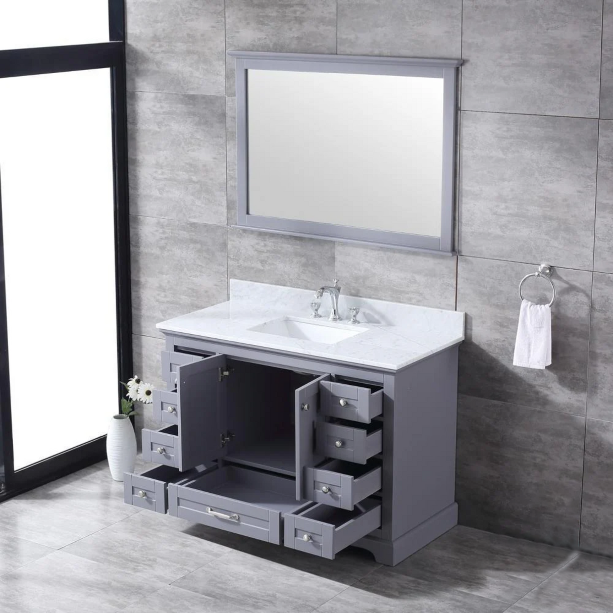 Dukes Dark Grey Freestanding Bathroom Vanity with White Carrara Marble Top, White Square Sink