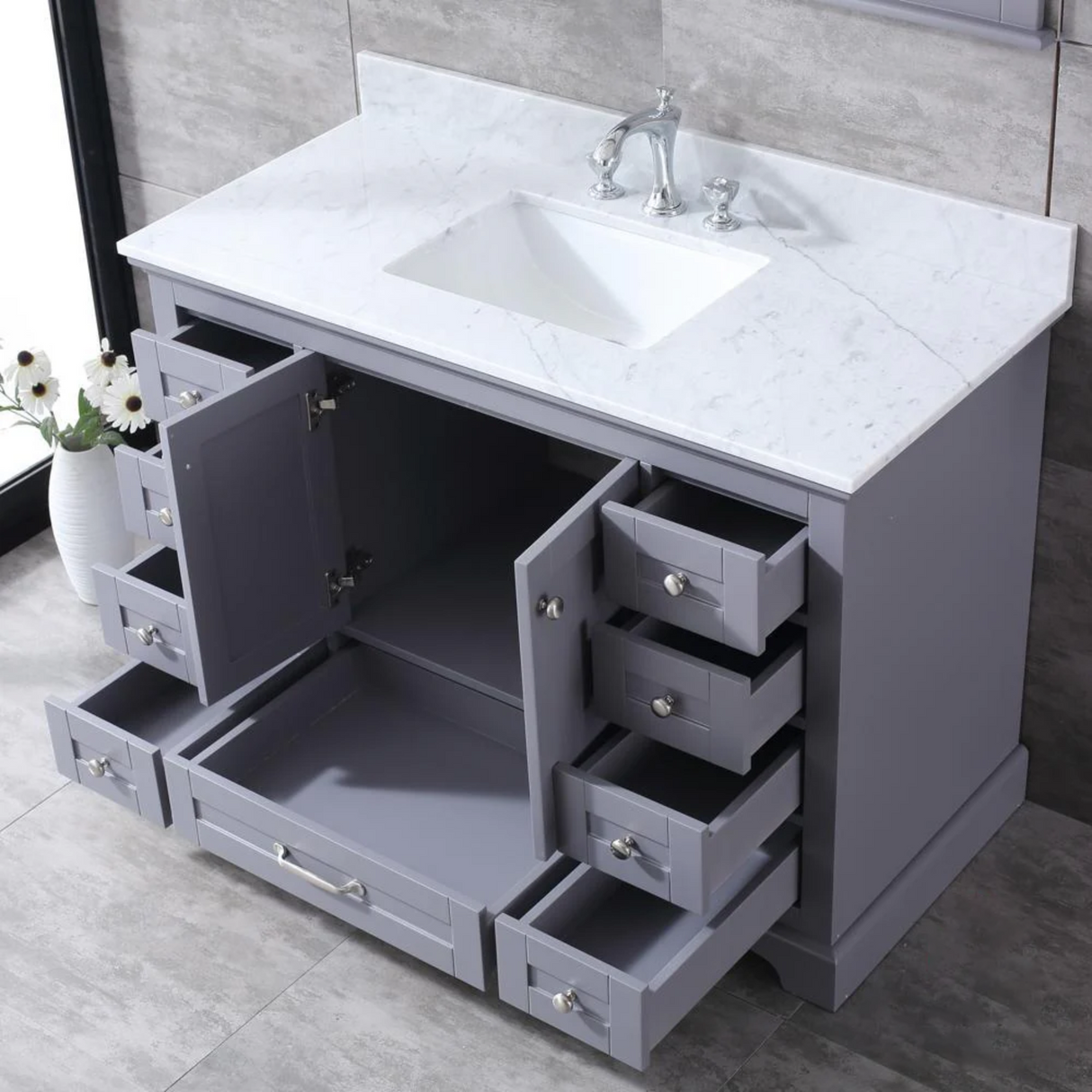 Dukes 48" Dark Grey Single Vanity, White Carrara Marble Top, White Square Sink and no Mirror