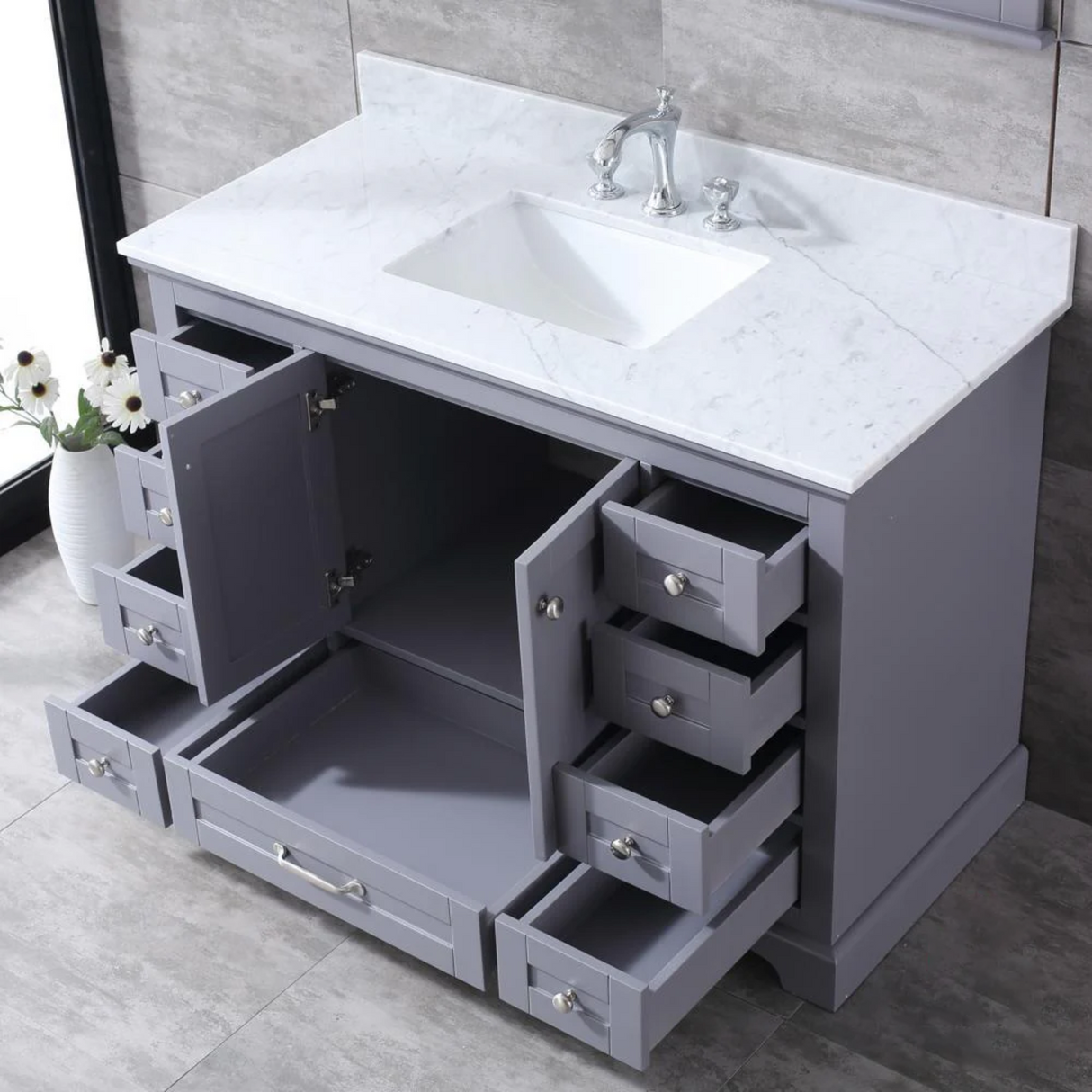 Dukes Dark Grey Freestanding Bathroom Vanity with White Carrara Marble Top, White Square Sink