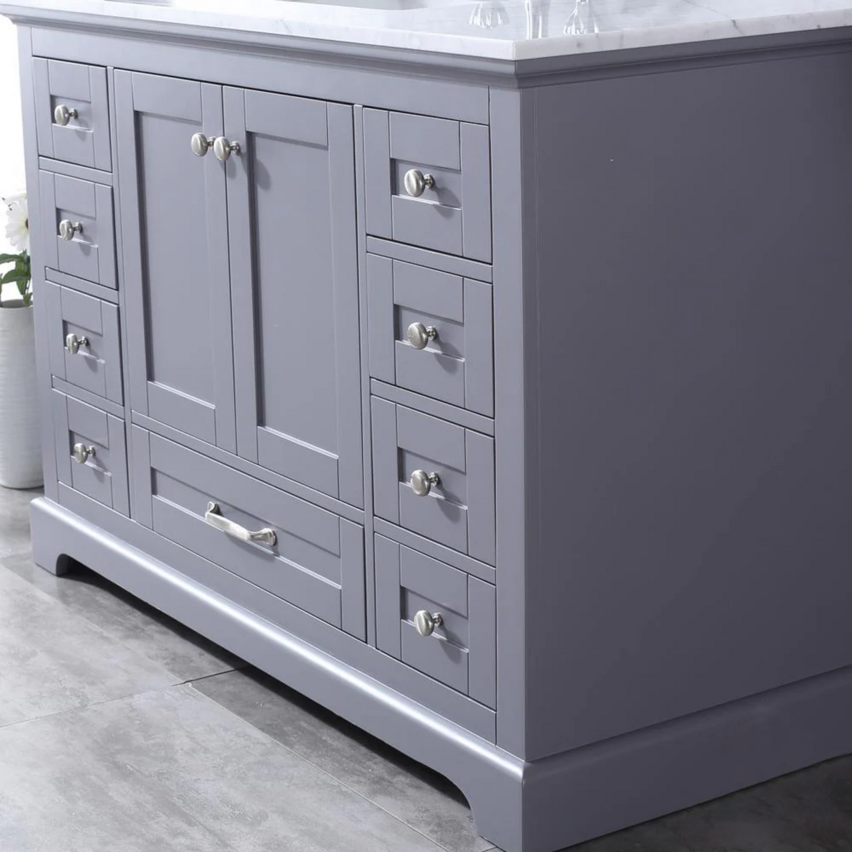 Dukes Dark Grey Freestanding Bathroom Vanity with White Carrara Marble Top, White Square Sink