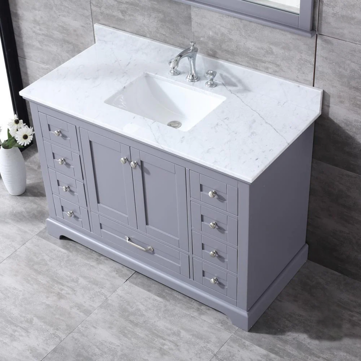 Dukes 48" Dark Grey Single Vanity, White Carrara Marble Top, White Square Sink and no Mirror