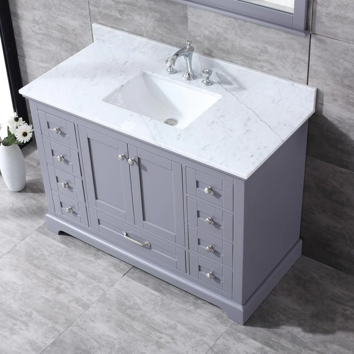 Dukes Dark Grey Freestanding Bathroom Vanity with White Carrara Marble Top, White Square Sink