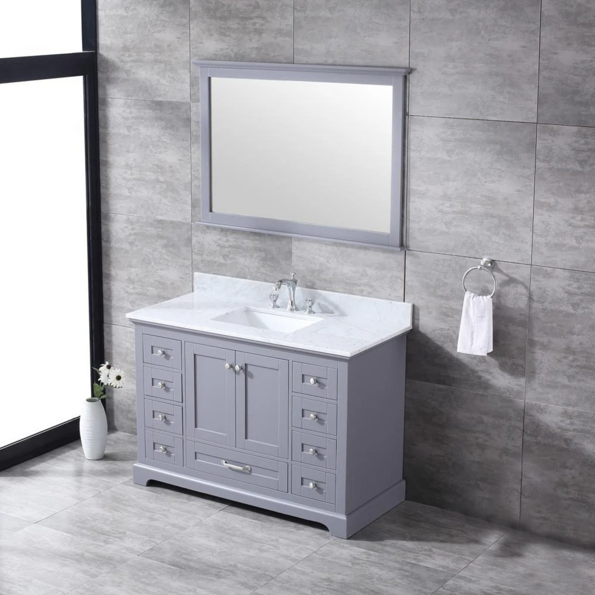 Dukes Dark Grey Freestanding Bathroom Vanity with White Carrara Marble Top, White Square Sink