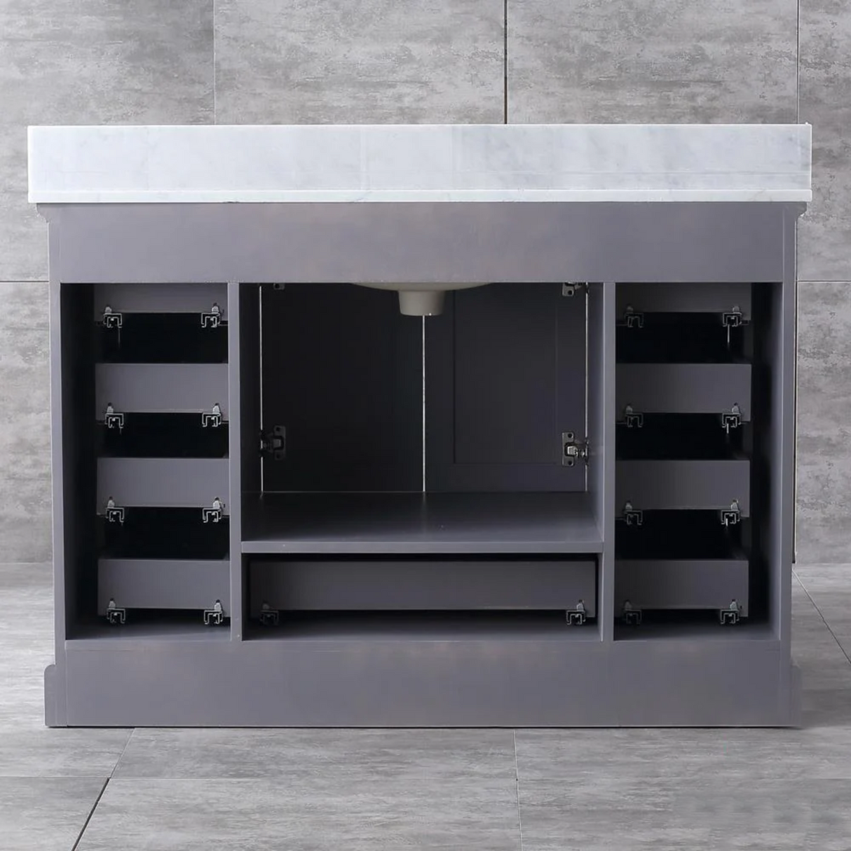 Dukes Dark Grey Freestanding Bathroom Vanity with White Carrara Marble Top, White Square Sink
