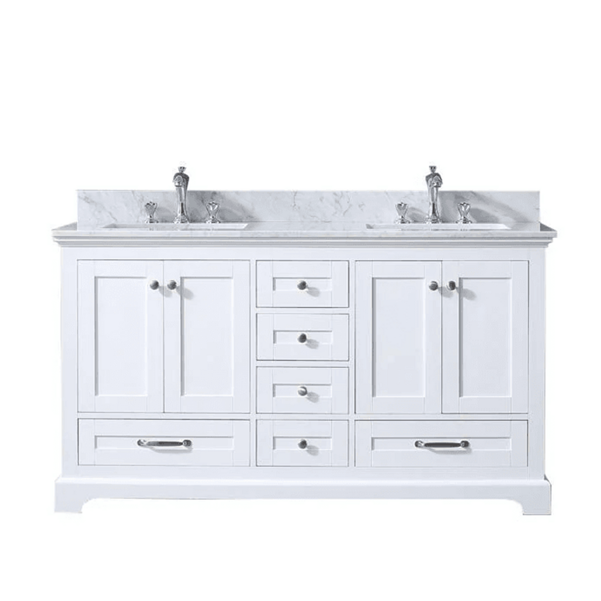 Dukes 60" White Double Vanity, White Carrara Marble Top, White Square Sinks and no Mirror