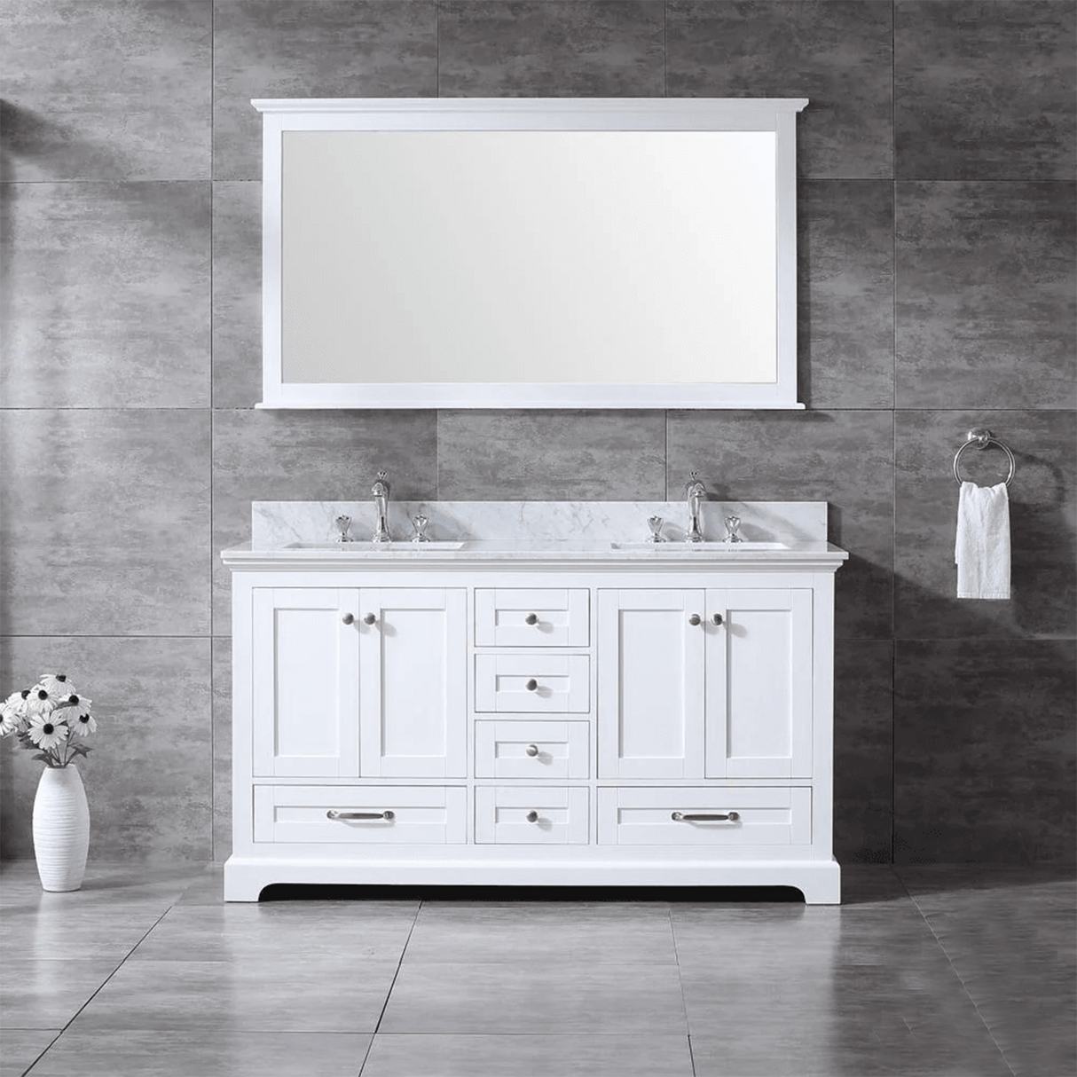 Dukes 60" White Double Vanity, White Carrara Marble Top, White Square Sinks and no Mirror