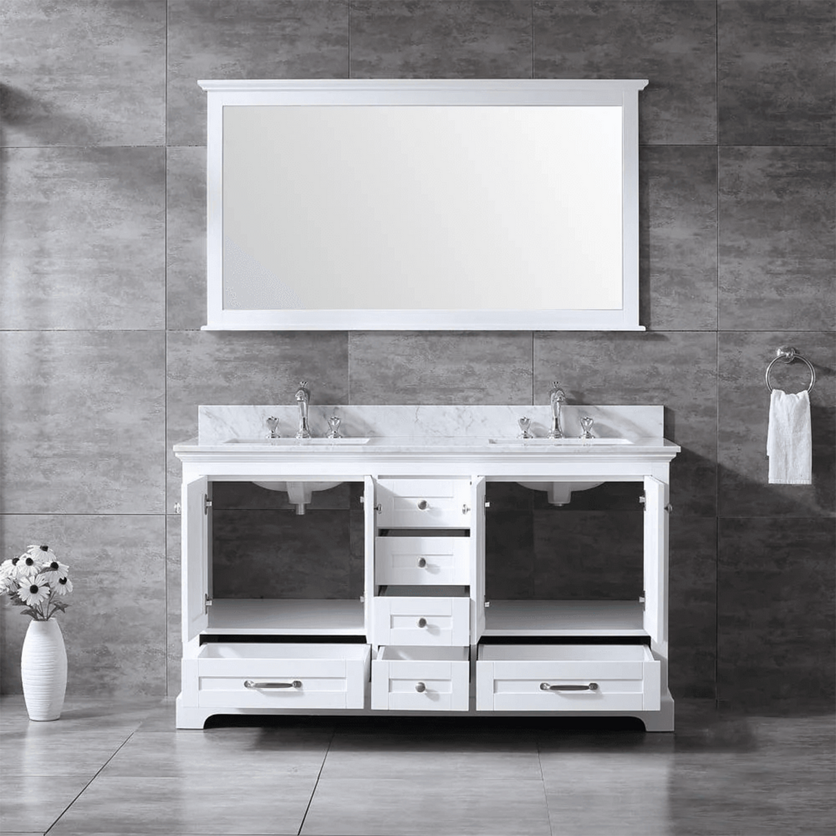 Dukes Freestanding White Bathroom Freestanding Bathroom Vanity With Undermount Ceramic Sink with White Carrara Marble Top