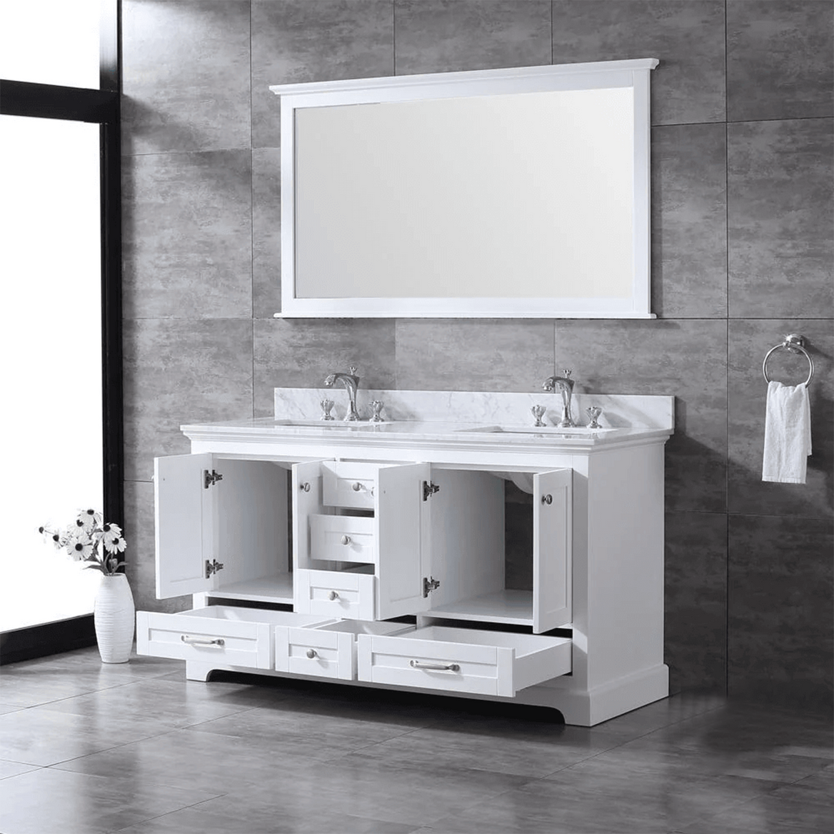 Dukes 60" White Double Vanity, White Carrara Marble Top, White Square Sinks and no Mirror