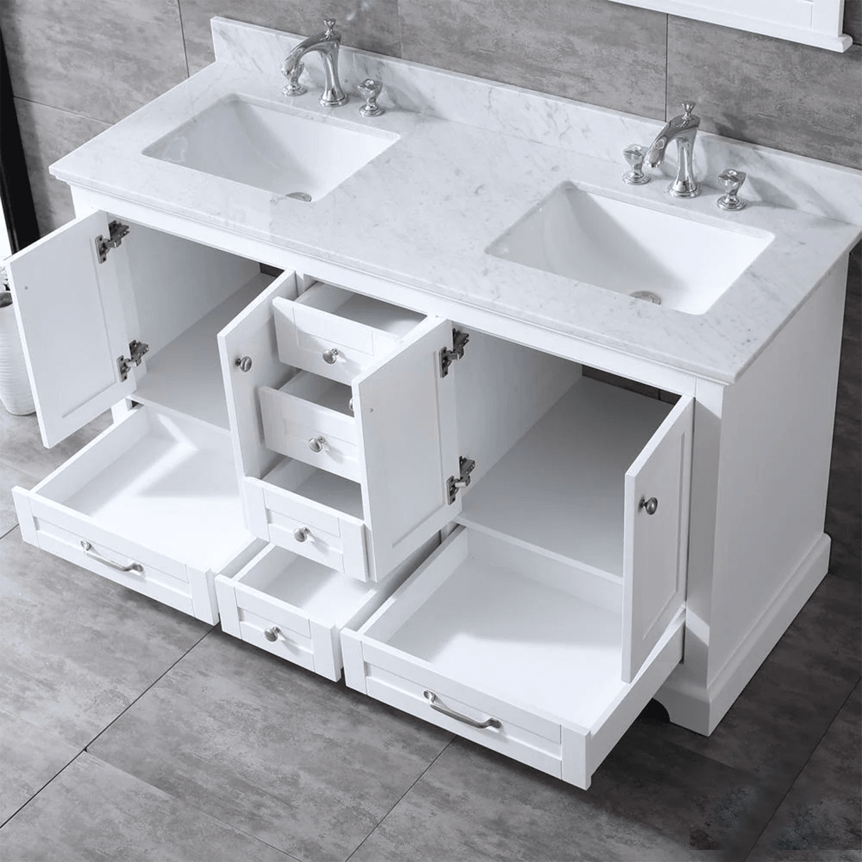 Dukes 60" White Double Vanity, White Carrara Marble Top, White Square Sinks and no Mirror