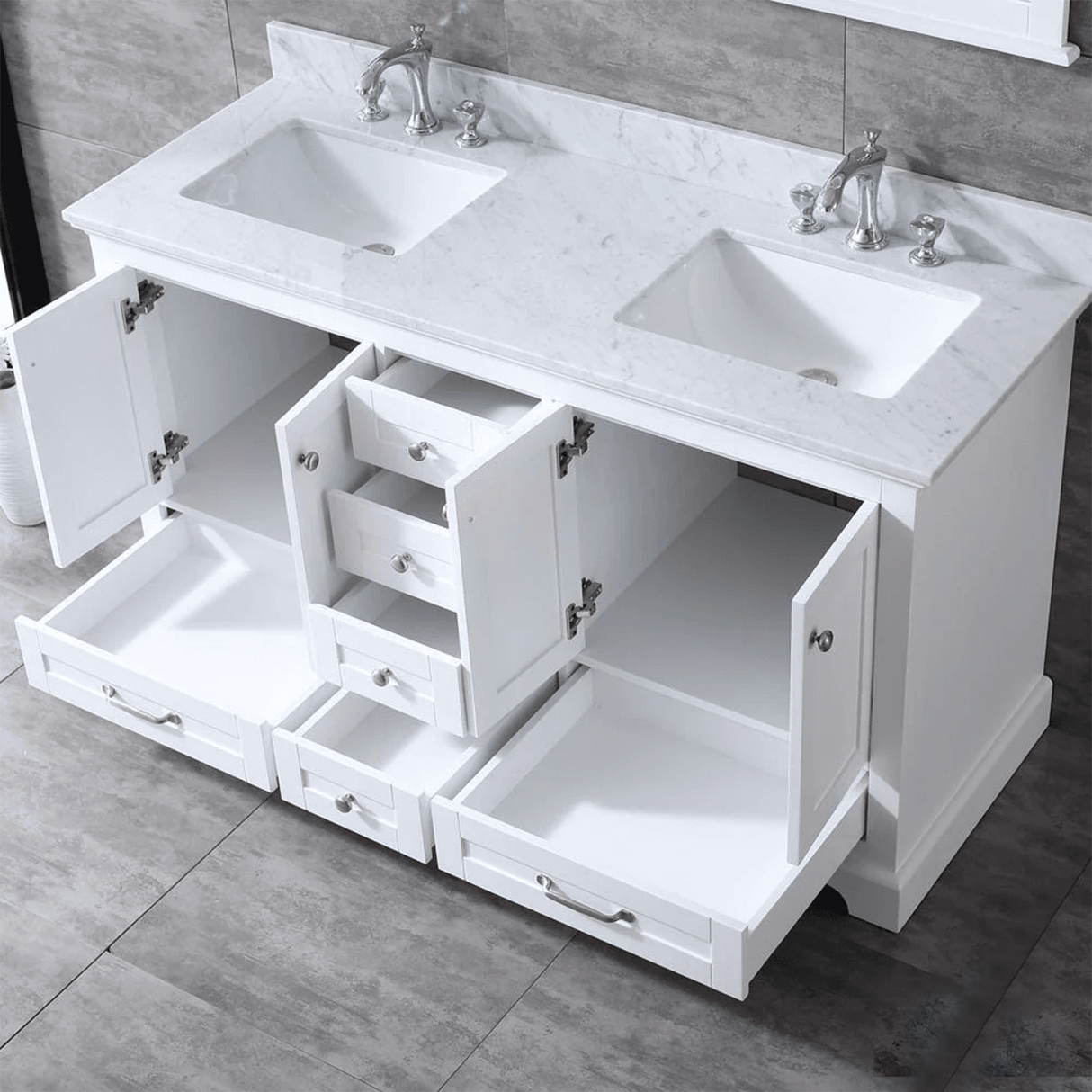 Dukes Freestanding White Bathroom Freestanding Bathroom Vanity With Undermount Ceramic Sink with White Carrara Marble Top