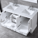 Dukes 60" White Double Vanity, White Carrara Marble Top, White Square Sinks and no Mirror