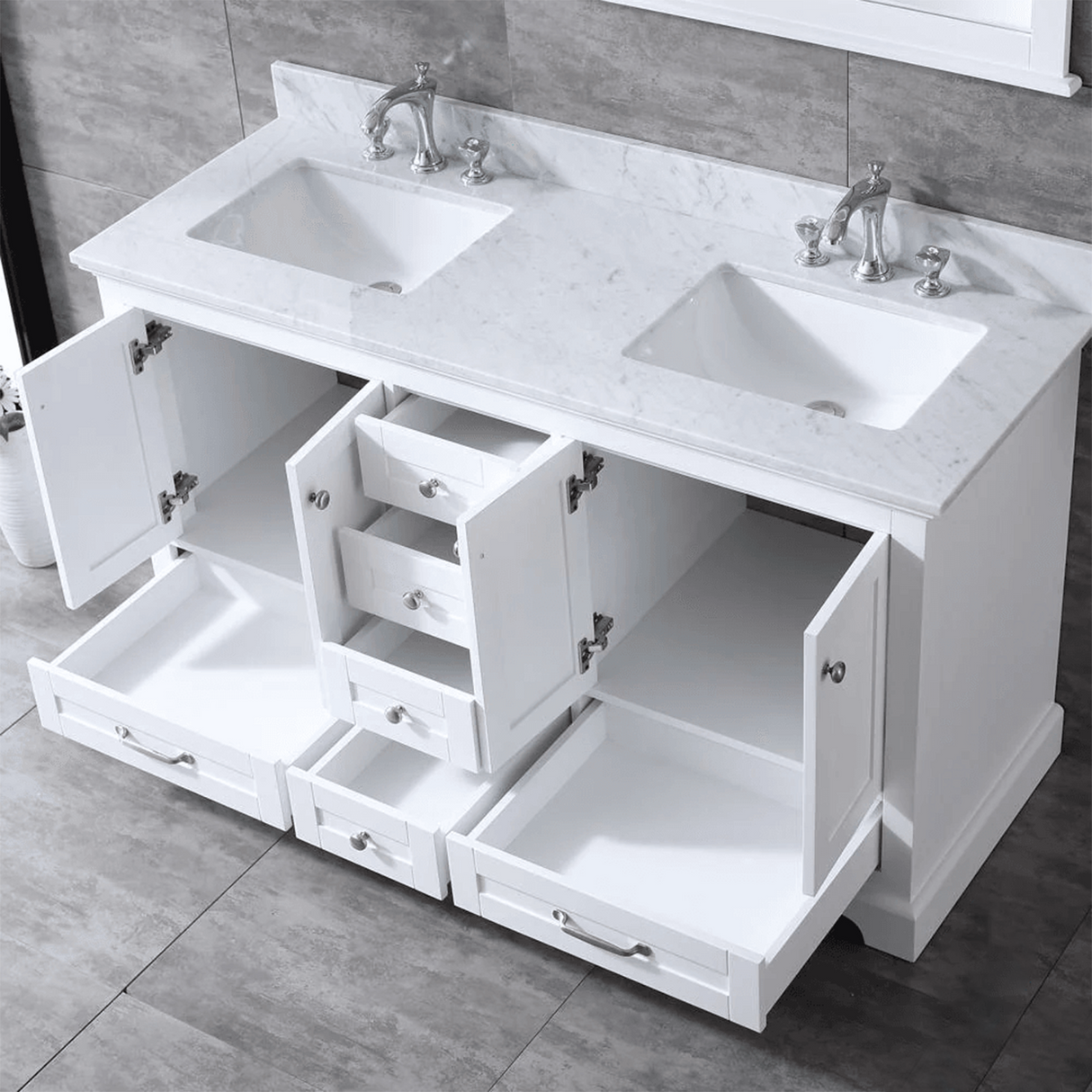 Dukes Freestanding White Bathroom Freestanding Bathroom Vanity With Undermount Ceramic Sink with White Carrara Marble Top