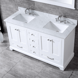 Dukes 60" White Double Vanity, White Carrara Marble Top, White Square Sinks and no Mirror