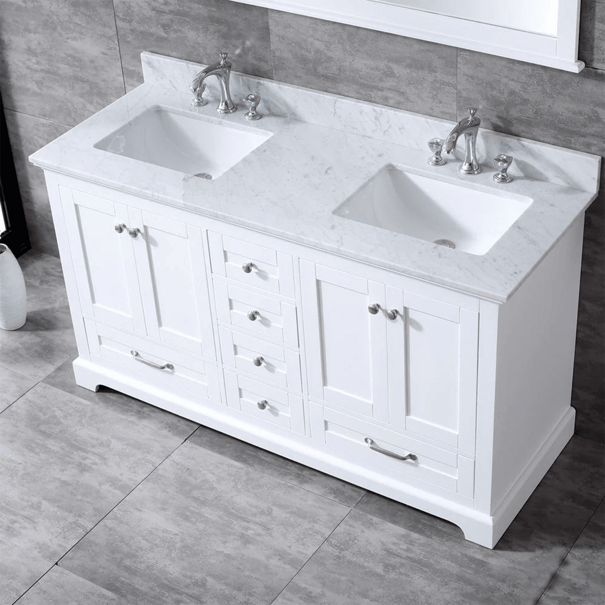 Dukes Freestanding White Bathroom Freestanding Bathroom Vanity With Undermount Ceramic Sink with White Carrara Marble Top