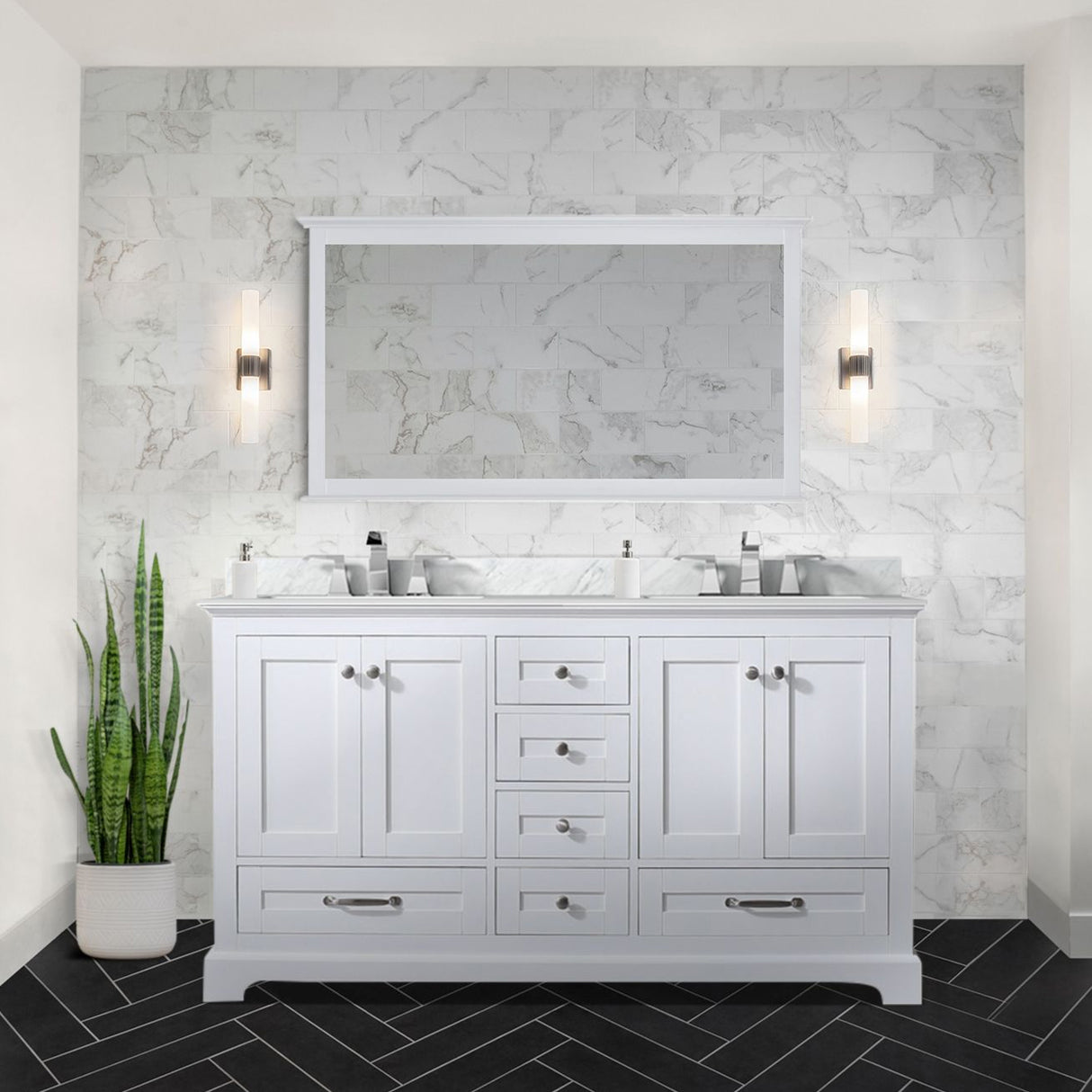Dukes 60 in. Bathroom Freestanding Bathroom Vanity With Undermount Ceramic Sink with White Carrara Marble Top