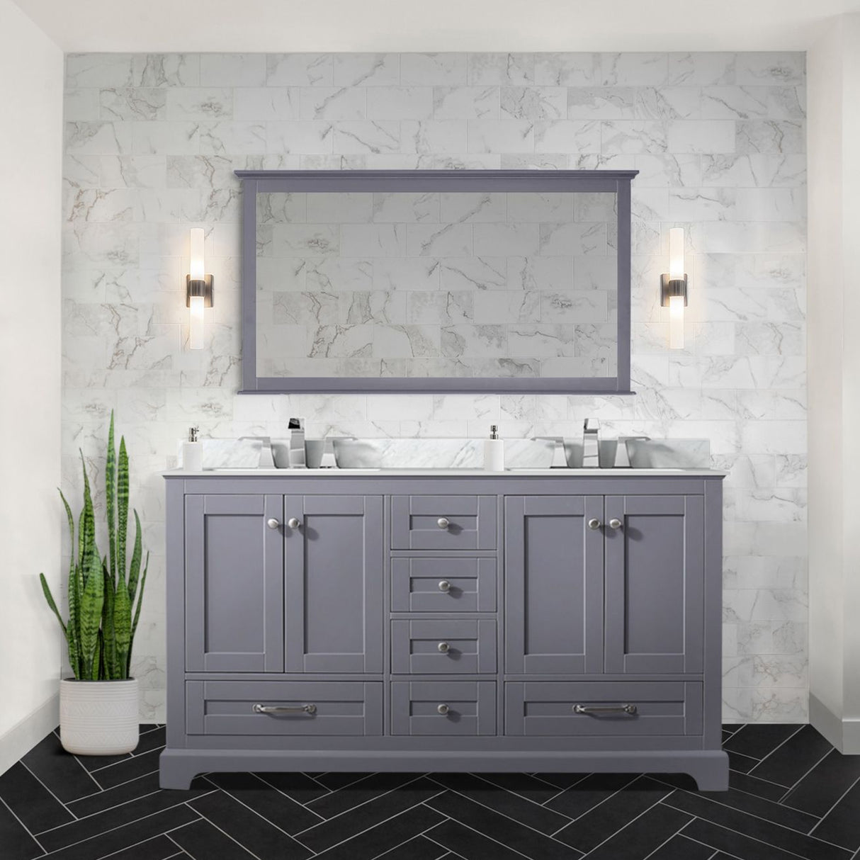 Dukes 60 in. Freestanding Bathroom Vanity with White Carrara Marble Top, White Square Sink