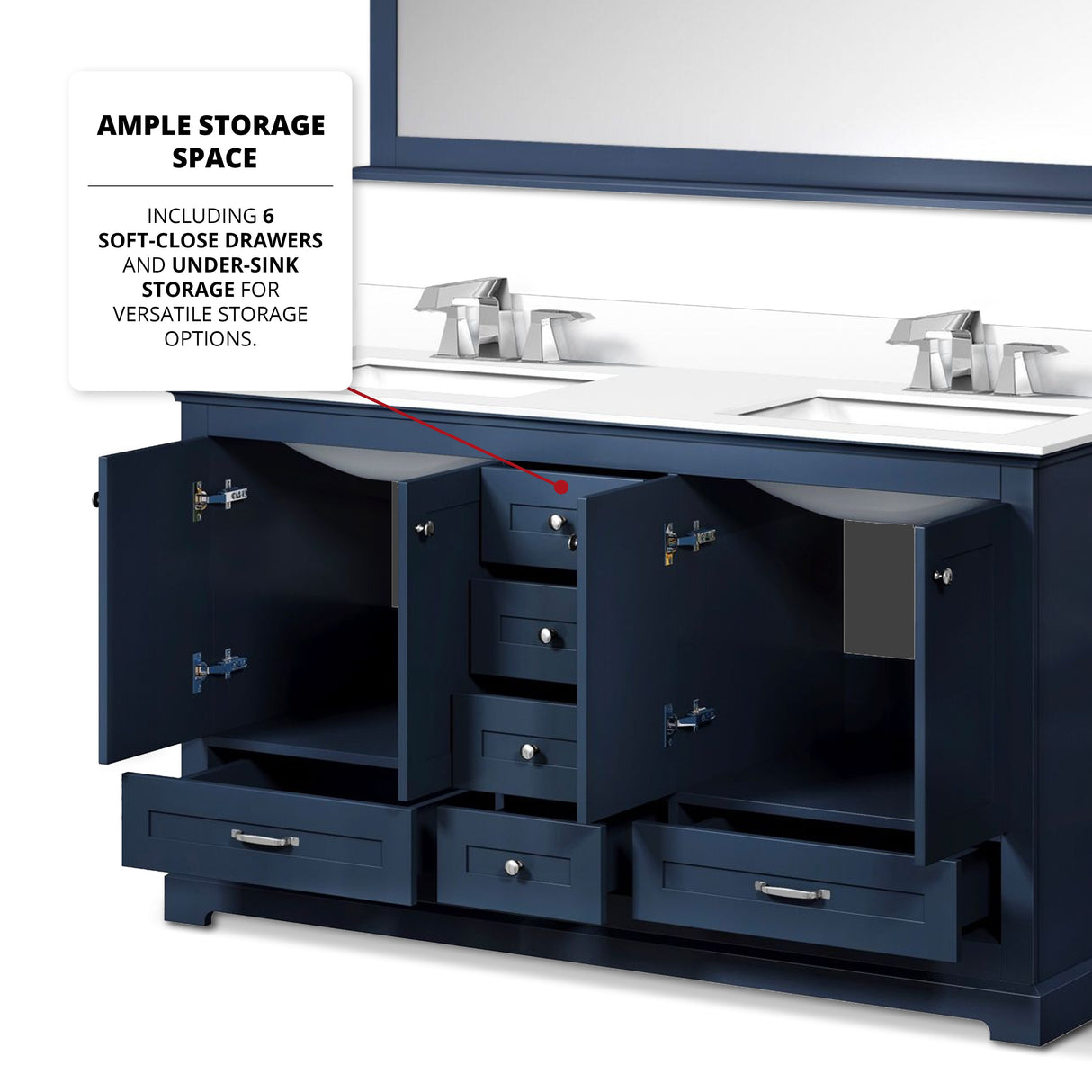 Dukes Navy Blue Freestanding Bathroom Vanity with White Quartz Top, White Square Sinks