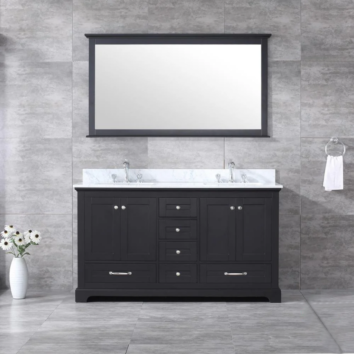 Dukes 60 In. Freestanding Espresso Bathroom Vanity With Double Undermount Ceramic Sink, White Carrara Marble Top