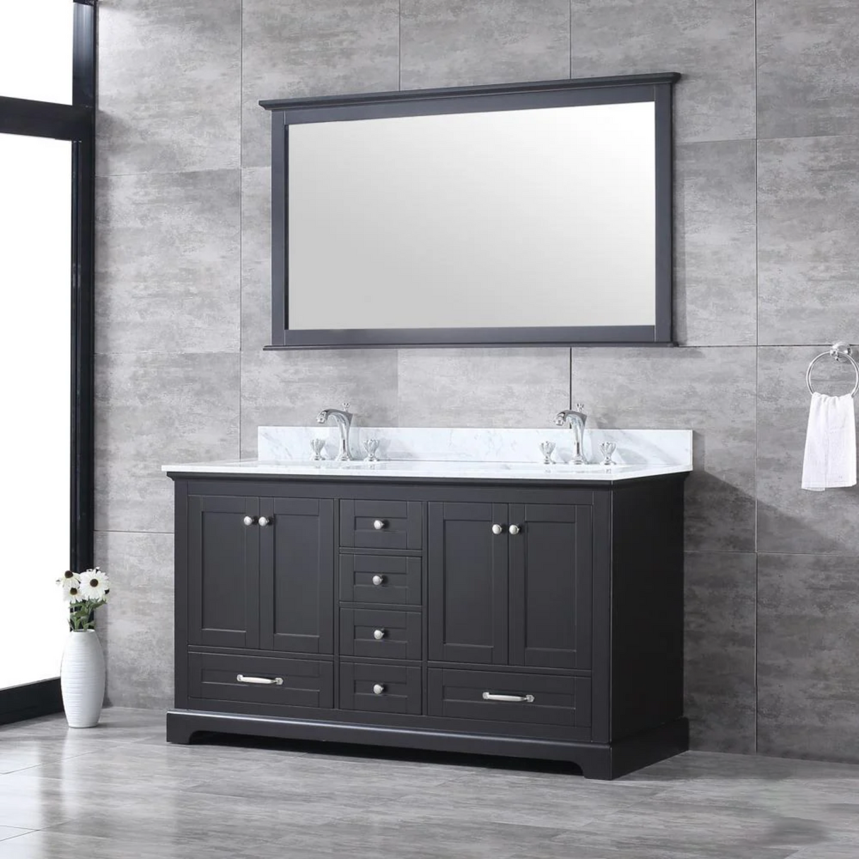 Dukes 60 In. Freestanding Espresso Bathroom Vanity With Double Undermount Ceramic Sink, White Carrara Marble Top