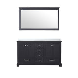 Dukes 60" Espresso Double Vanity, White Quartz Top, White Square Sinks and 58" Mirror