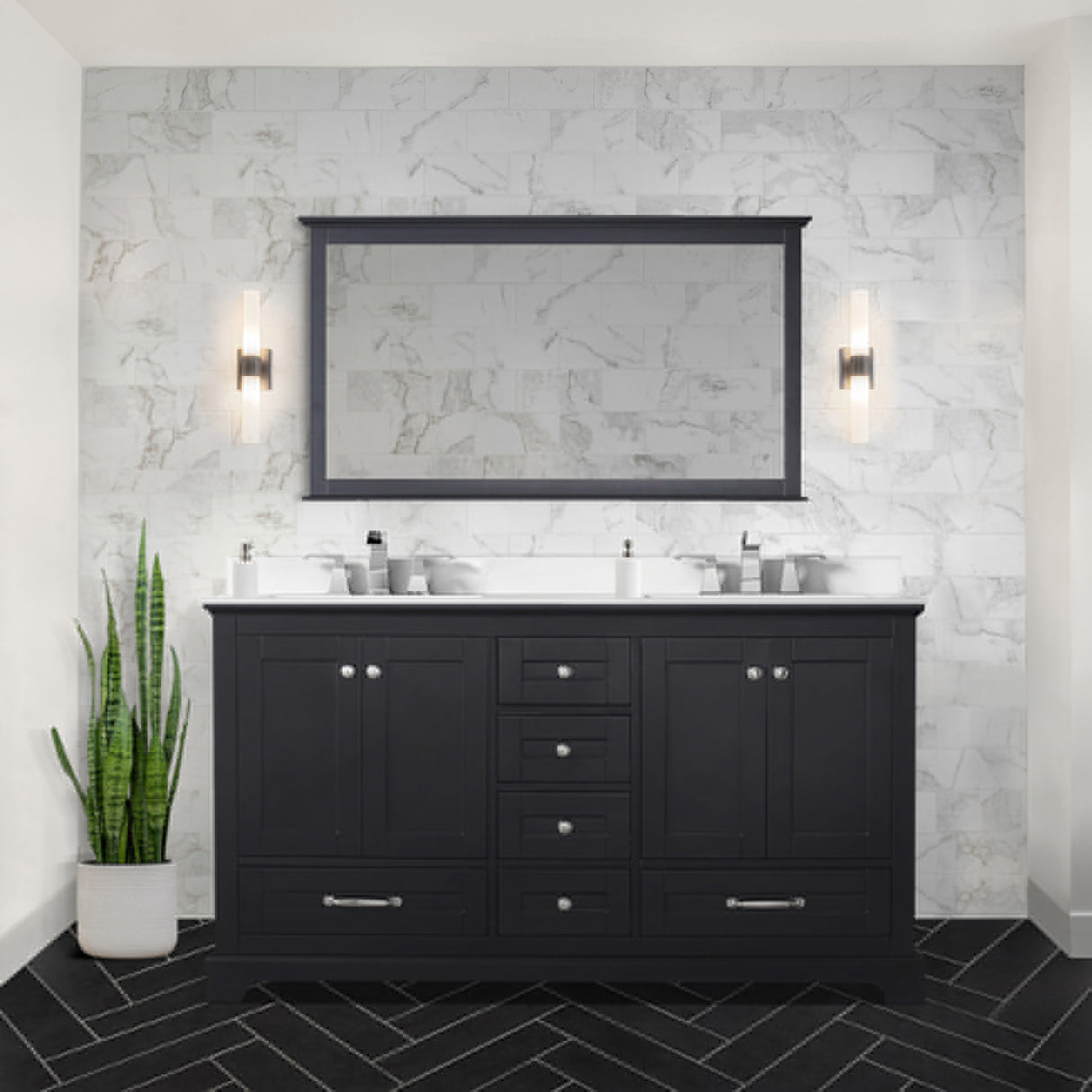 Dukes 60" Espresso Double Vanity, White Quartz Top, White Square Sinks and 58" Mirror w/ Faucets