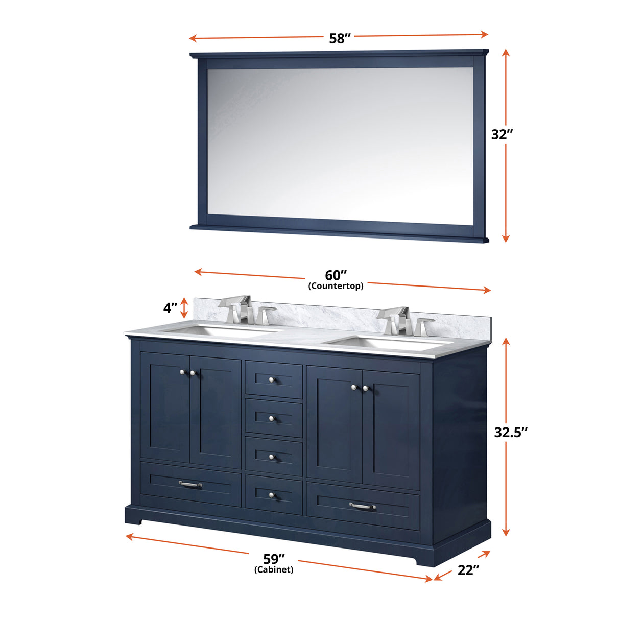 Dukes 60 in. Freestanding Bathroom Vanity with White Carrara Marble Top, White Square Sink