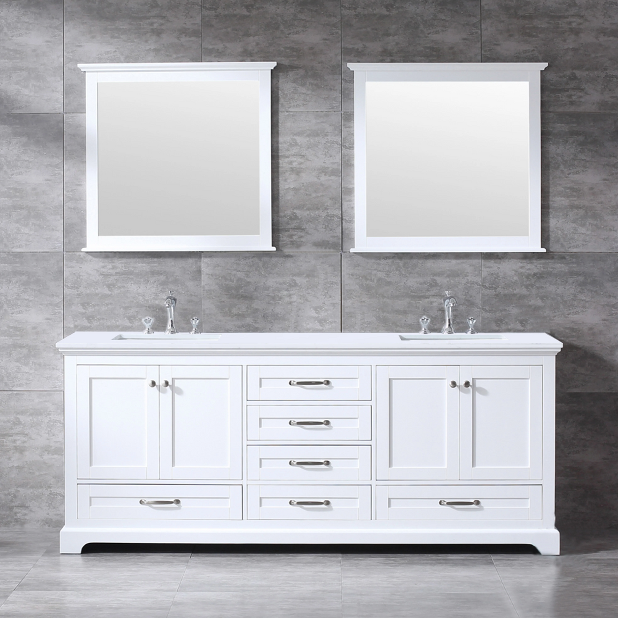 Dukes 80 In. Freestanding White Bathroom Vanity With Double Undermount Ceramic Sink, White Carrara Marble Top