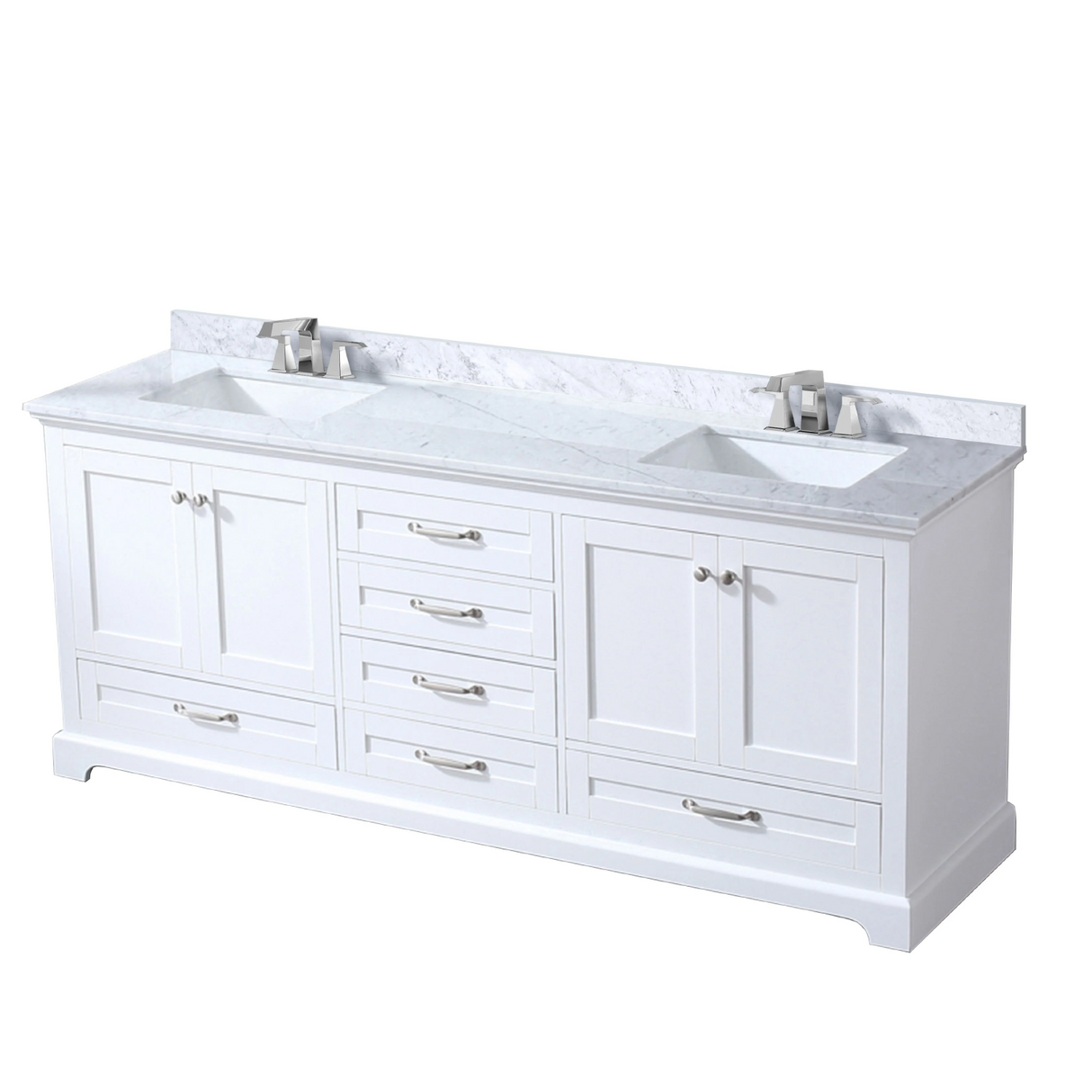 Dukes 80 In. Freestanding White Bathroom Vanity With Double Undermount Ceramic Sink, White Carrara Marble Top