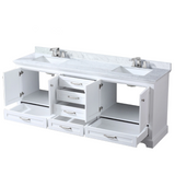 Dukes 80 In. Freestanding White Bathroom Vanity With Double Undermount Ceramic Sink, White Carrara Marble Top