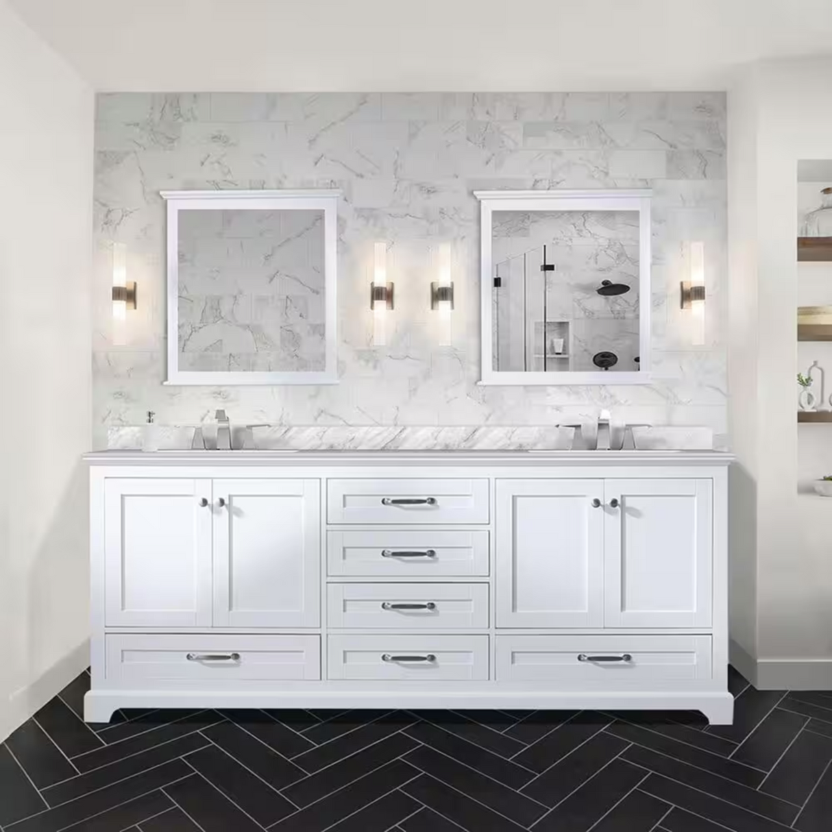 Dukes Freestanding White Bathroom Freestanding Bathroom Vanity With Undermount Ceramic Sink with White Carrara Marble Top