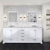 Dukes 80 In. Freestanding White Bathroom Vanity With Double Undermount Ceramic Sink, White Carrara Marble Top