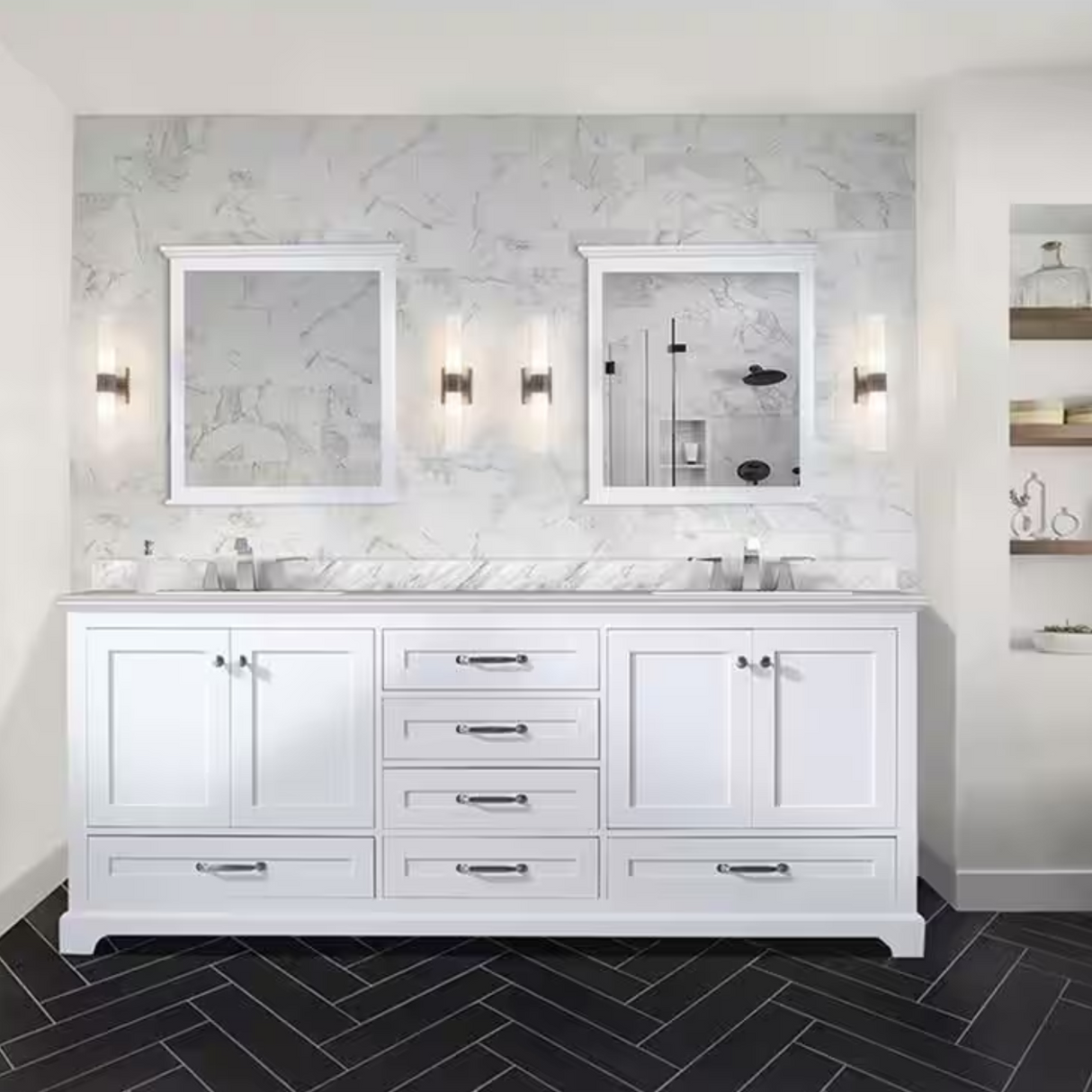 Dukes Freestanding White Bathroom Freestanding Bathroom Vanity With Undermount Ceramic Sink with White Carrara Marble Top