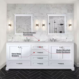 Dukes 80 In. Freestanding White Bathroom Vanity With Double Undermount Ceramic Sink, White Carrara Marble Top