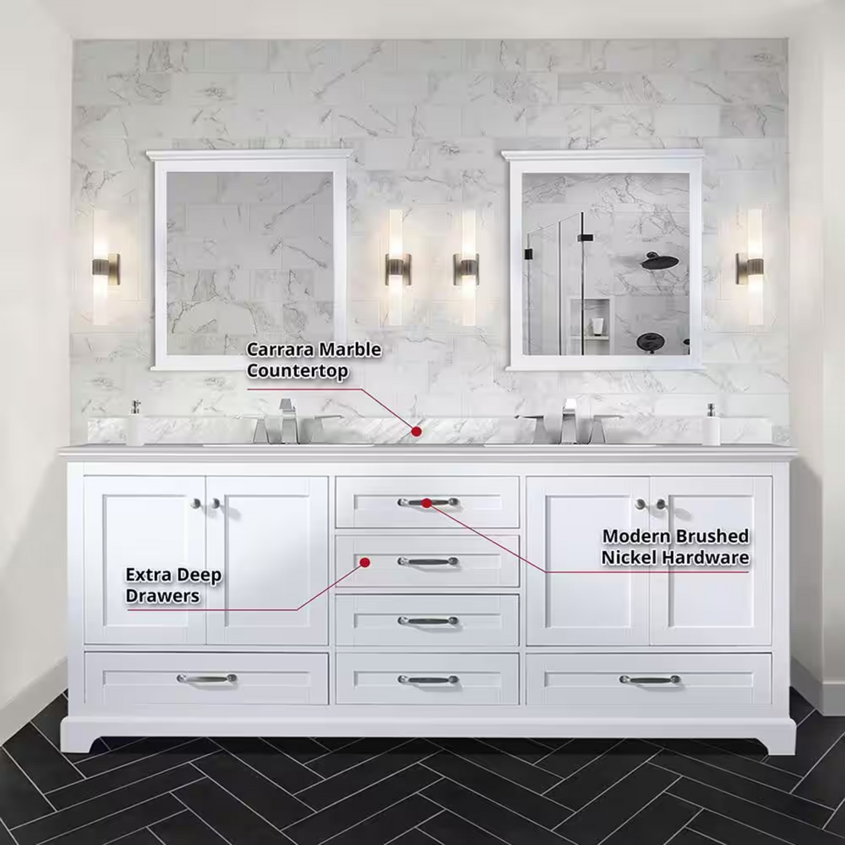 Dukes Freestanding White Bathroom Freestanding Bathroom Vanity With Undermount Ceramic Sink with White Carrara Marble Top