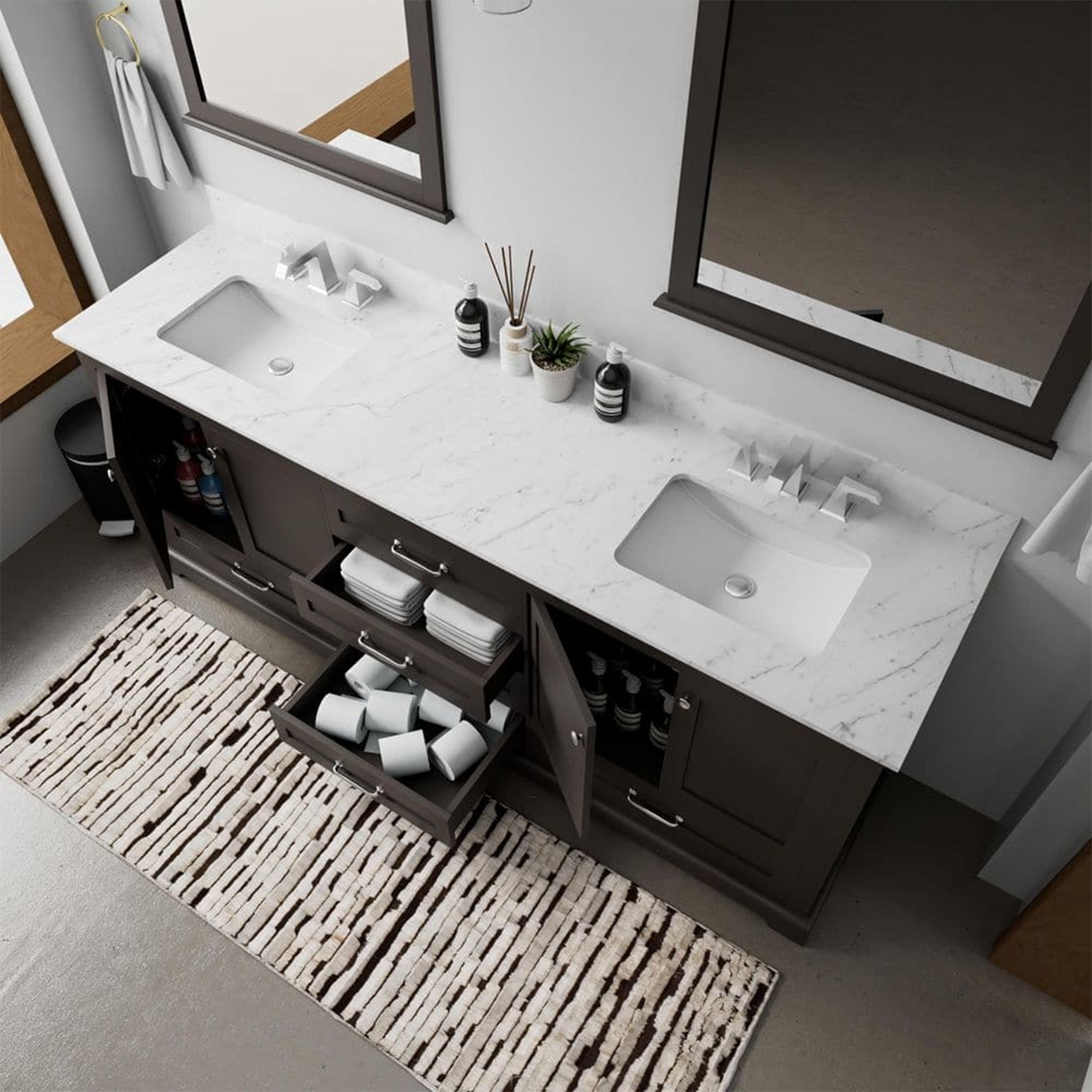Dukes 80 in. Bathroom Freestanding Bathroom Vanity With Undermount Ceramic Sink with White Carrara Marble Top